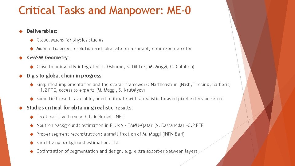 Critical Tasks and Manpower: ME-0 Deliverables: Global Muons for physics studies Muon efficiency, resolution