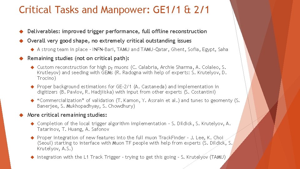 Critical Tasks and Manpower: GE 1/1 & 2/1 Deliverables: improved trigger performance, full offline