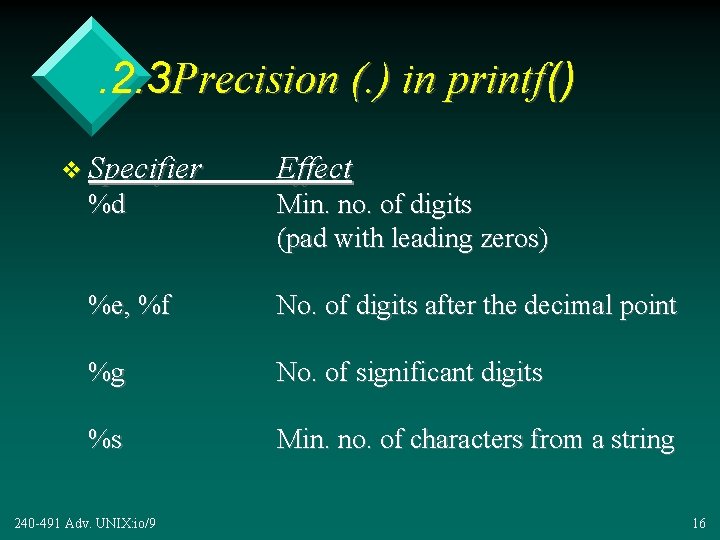 . 2. 3 Precision (. ) in printf() v Specifier Effect %d Min. no.