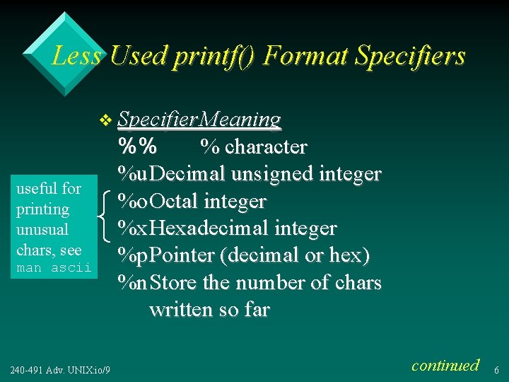 Less Used printf() Format Specifiers v Specifier Meaning useful for printing unusual chars, see