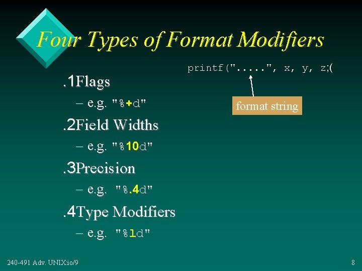 Four Types of Format Modifiers. 1 Flags – e. g. "%+d" printf(". . .