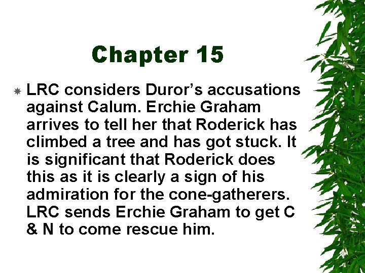 Chapter 15 LRC considers Duror’s accusations against Calum. Erchie Graham arrives to tell her