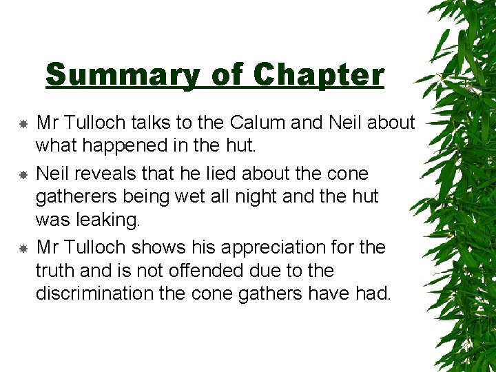Summary of Chapter Mr Tulloch talks to the Calum and Neil about what happened