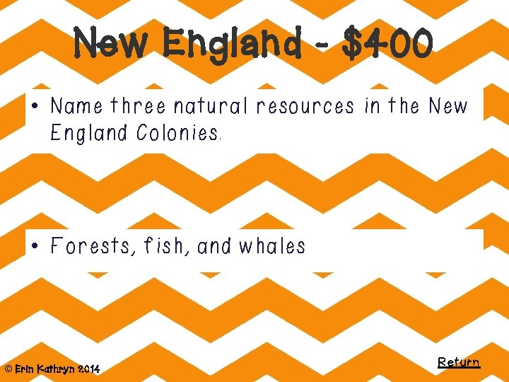 New England - $400 • Name three natural resources in the New England Colonies.