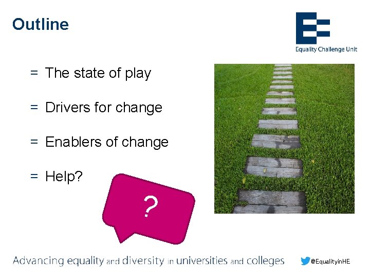 Outline = The state of play = Drivers for change = Enablers of change