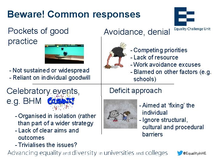 Beware! Common responses Pockets of good practice - Not sustained or widespread - Reliant