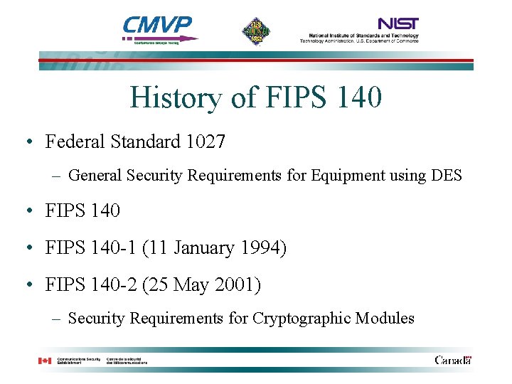 History of FIPS 140 • Federal Standard 1027 – General Security Requirements for Equipment
