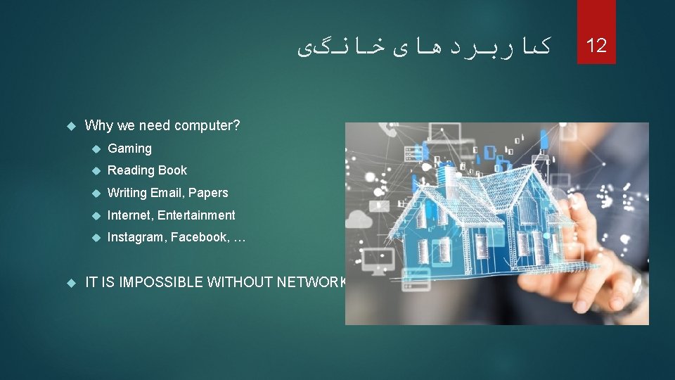  کﺎﺭﺑﺮﺩﻫﺎی ﺧﺎﻧگی Why we need computer? Gaming Reading Book Writing Email, Papers Internet,