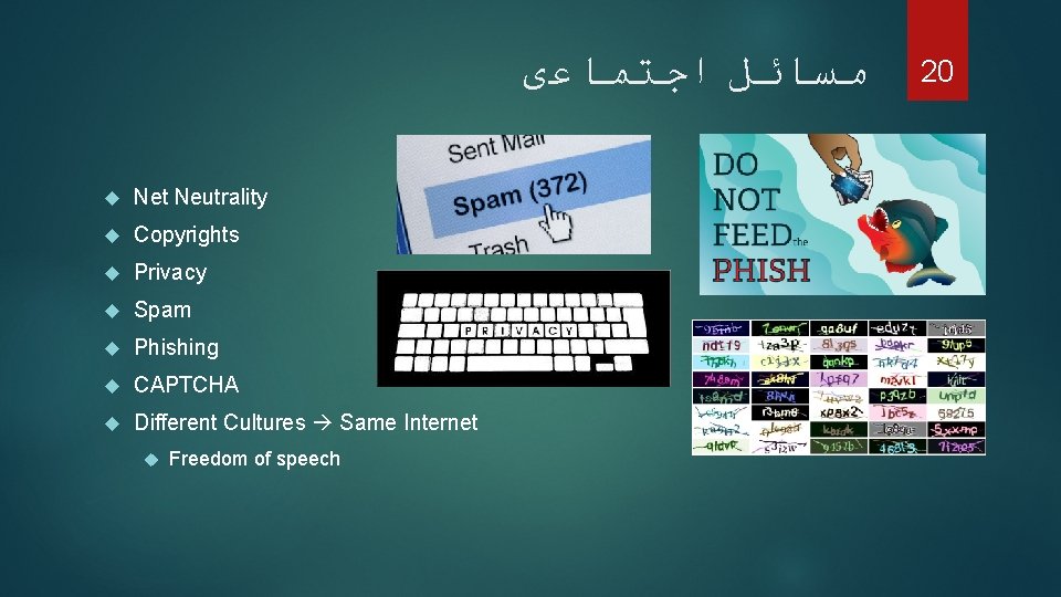  ﻣﺴﺎﺋﻞ ﺍﺟﺘﻤﺎﻋی Net Neutrality Copyrights Privacy Spam Phishing CAPTCHA Different Cultures Same Internet
