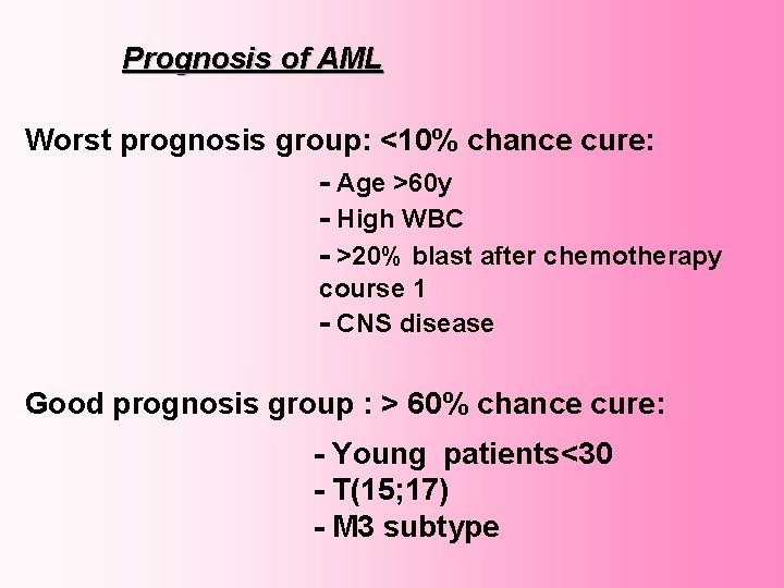 Prognosis of AML Worst prognosis group: <10% chance cure: - Age >60 y -