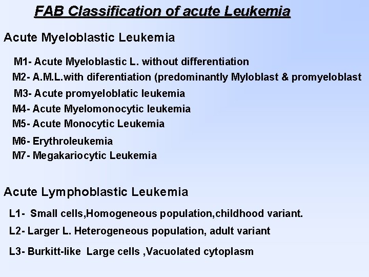 FAB Classification of acute Leukemia Acute Myeloblastic Leukemia M 1 - Acute Myeloblastic L.