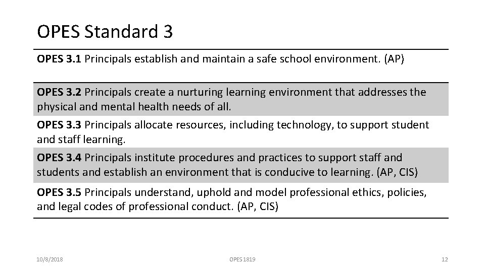 OPES Standard 3 OPES 3. 1 Principals establish and maintain a safe school environment.