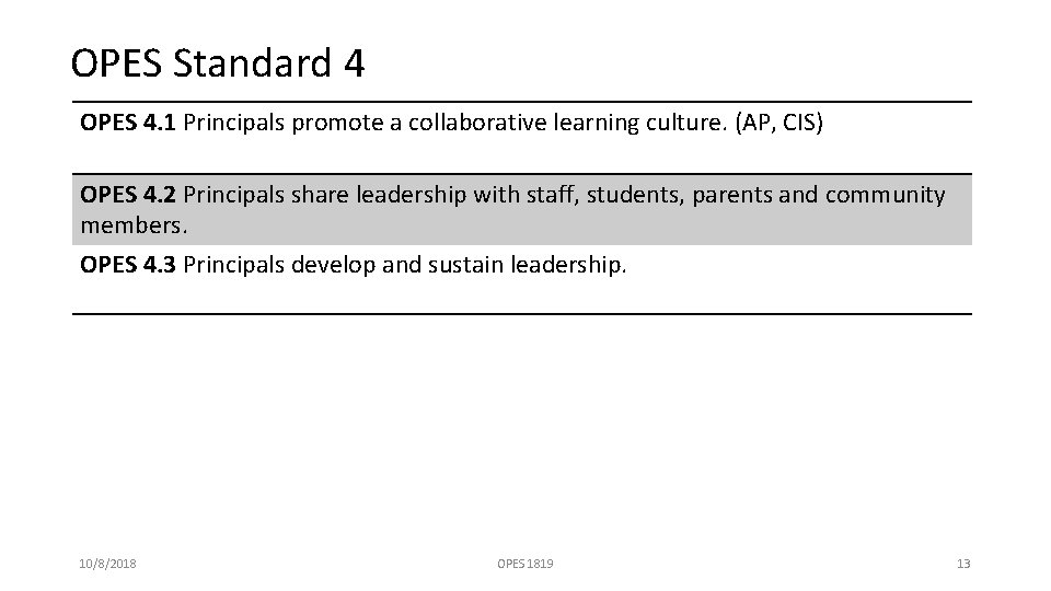 OPES Standard 4 OPES 4. 1 Principals promote a collaborative learning culture. (AP, CIS)