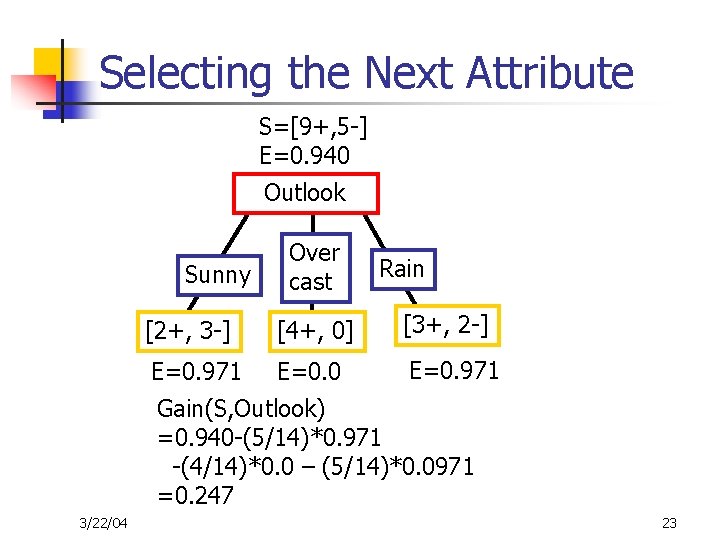 Selecting the Next Attribute S=[9+, 5 -] E=0. 940 Outlook Sunny Over cast Rain