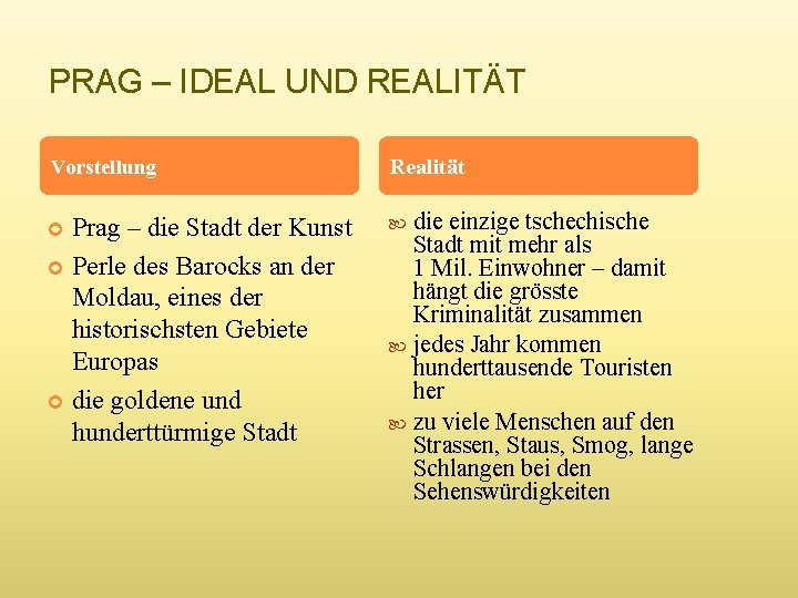 PRAG – IDEAL UND REALITÄT Vorstellung Realität Prag – die Stadt der Kunst Perle