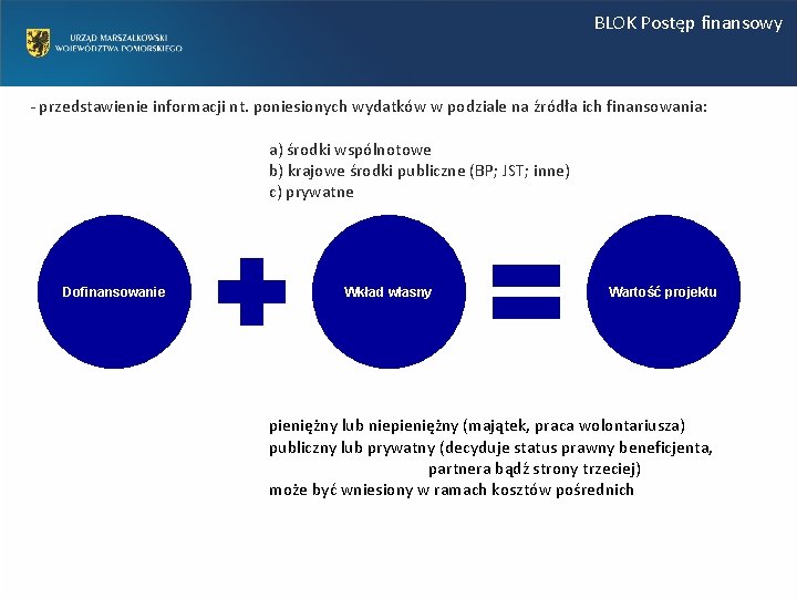 BLOK Postęp finansowy - przedstawienie informacji nt. poniesionych wydatków w podziale na źródła ich