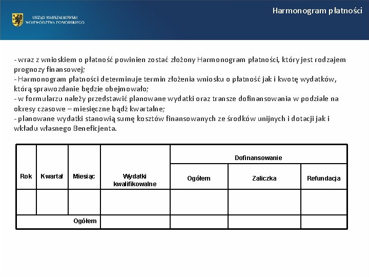 Harmonogram płatności - wraz z wnioskiem o płatność powinien zostać złożony Harmonogram płatności, który