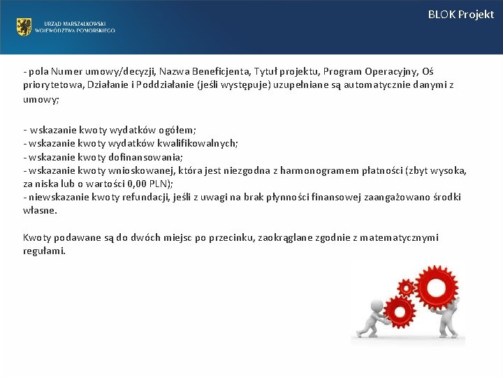 BLOK Projekt - pola Numer umowy/decyzji, Nazwa Beneficjenta, Tytuł projektu, Program Operacyjny, Oś priorytetowa,