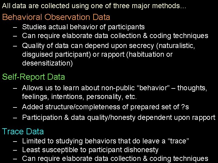 All data are collected using one of three major methods… Behavioral Observation Data –