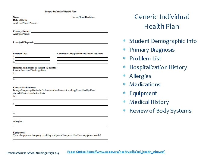 Generic Individual Health Plan Introduction to School Nursing: 8/13/2019 Student Demographic Info Primary Diagnosis