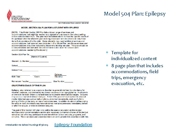 Model 504 Plan: Epilepsy Template for individualized content 8 page plan that includes accommodations,