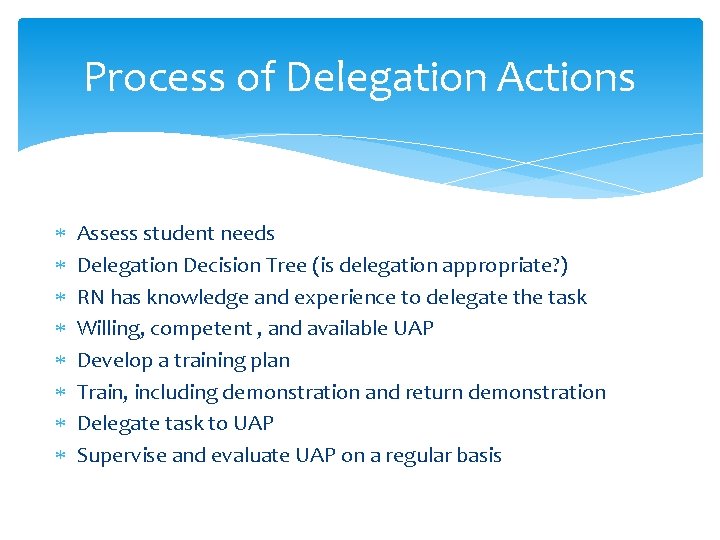 Process of Delegation Actions Assess student needs Delegation Decision Tree (is delegation appropriate? )
