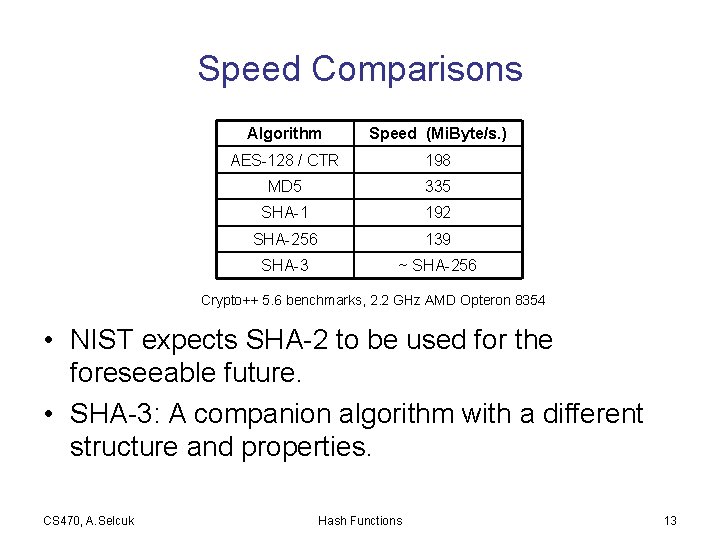 Speed Comparisons Algorithm Speed (Mi. Byte/s. ) AES-128 / CTR 198 MD 5 335