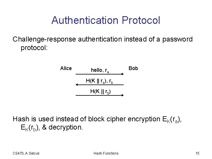 Authentication Protocol Challenge-response authentication instead of a password protocol: Alice hello, ra Bob H(K