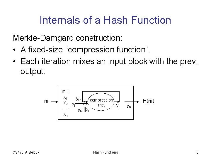 Internals of a Hash Function Merkle-Damgard construction: • A fixed-size “compression function”. • Each