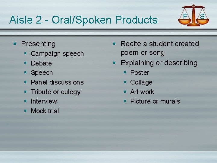 Aisle 2 - Oral/Spoken Products § Presenting § § § § Campaign speech Debate