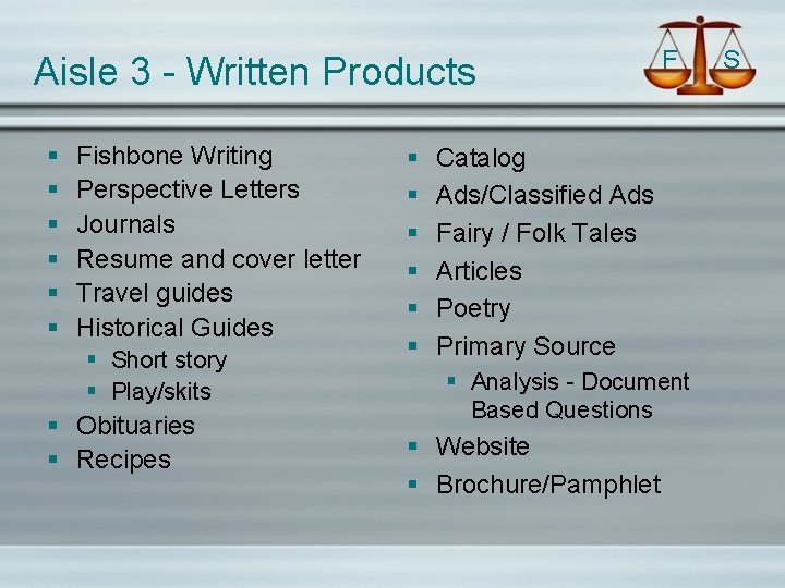Aisle 3 - Written Products § § § Fishbone Writing Perspective Letters Journals Resume
