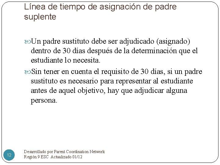 Línea de tiempo de asignación de padre suplente Un padre sustituto debe ser adjudicado