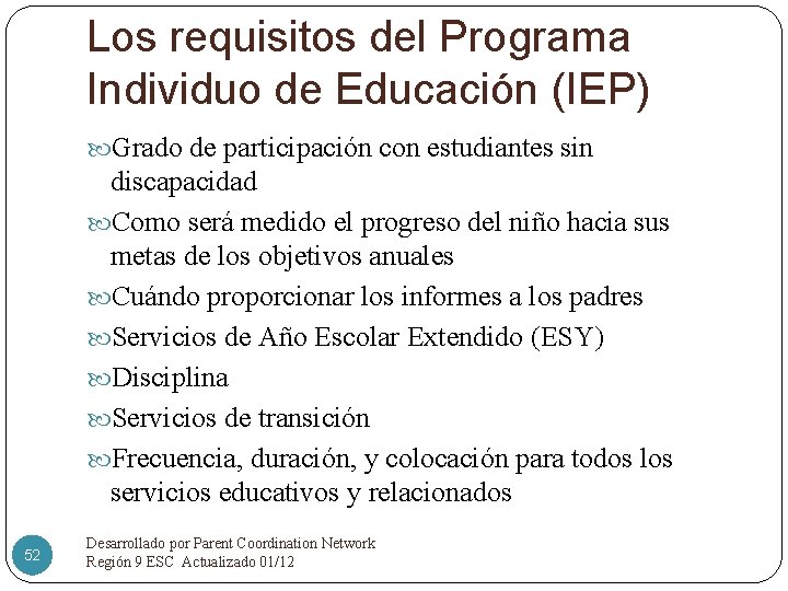 Los requisitos del Programa Individuo de Educación (IEP) Grado de participación con estudiantes sin