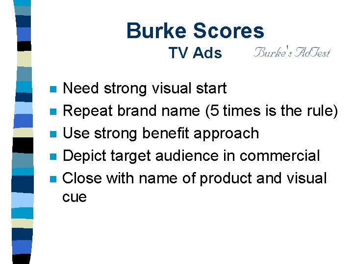 Burke Scores TV Ads n n n Need strong visual start Repeat brand name