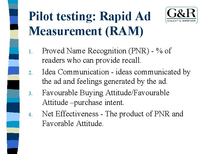 Pilot testing: Rapid Ad Measurement (RAM) 1. 2. 3. 4. Proved Name Recognition (PNR)