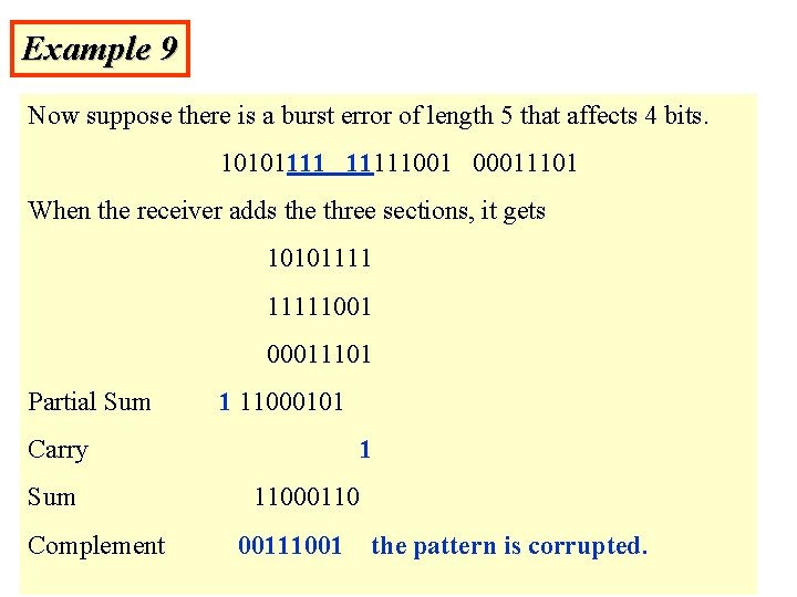 Example 9 Now suppose there is a burst error of length 5 that affects