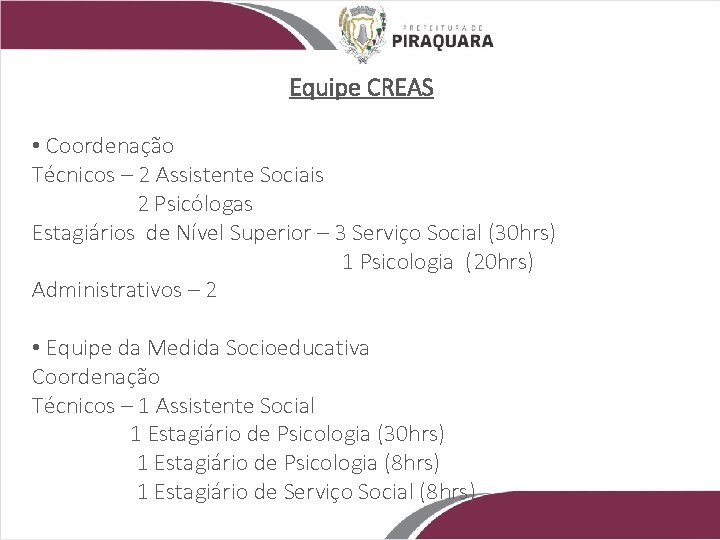 Equipe CREAS • Coordenação Técnicos – 2 Assistente Sociais 2 Psicólogas Estagiários de Nível
