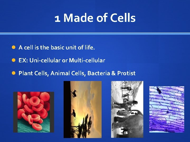 1 Made of Cells A cell is the basic unit of life. EX: Uni-cellular