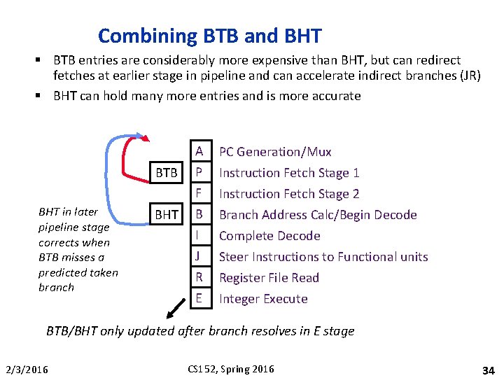Combining BTB and BHT § BTB entries are considerably more expensive than BHT, but