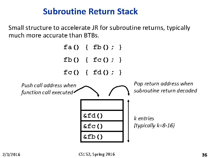 Subroutine Return Stack Small structure to accelerate JR for subroutine returns, typically much more