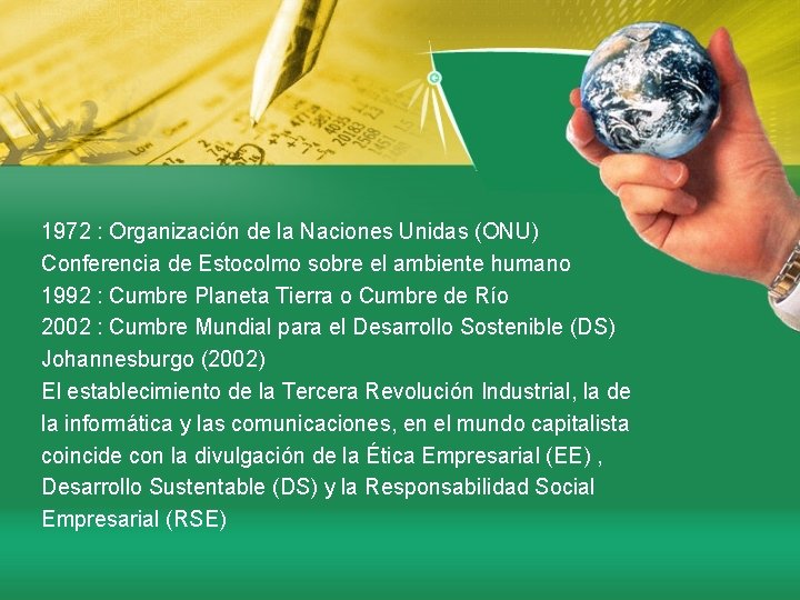 1972 : Organización de la Naciones Unidas (ONU) Conferencia de Estocolmo sobre el ambiente