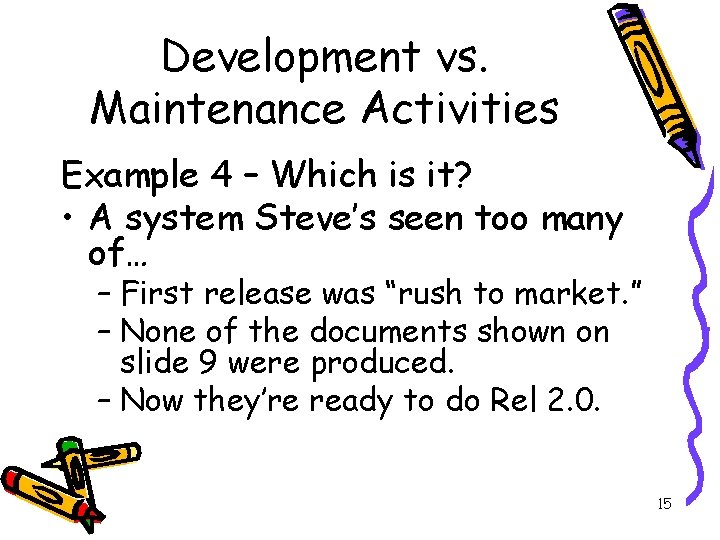 Development vs. Maintenance Activities Example 4 – Which is it? • A system Steve’s