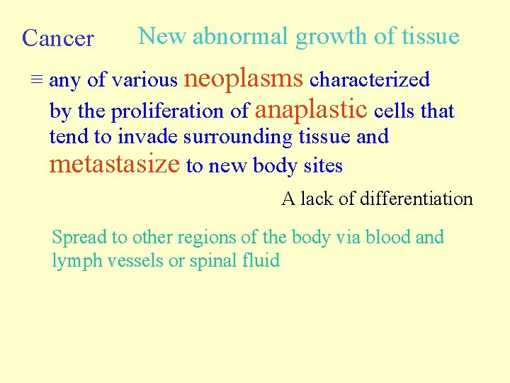Cancer New abnormal growth of tissue ≡ any of various neoplasms characterized by the Cancer New abnormal growth of tissue ≡ any of various neoplasms characterized by the