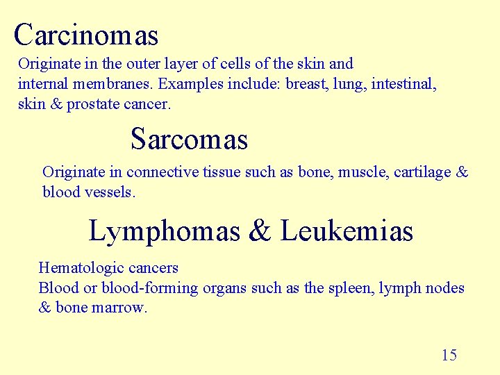 Carcinomas Originate in the outer layer of cells of the skin and internal membranes. Carcinomas Originate in the outer layer of cells of the skin and internal membranes.