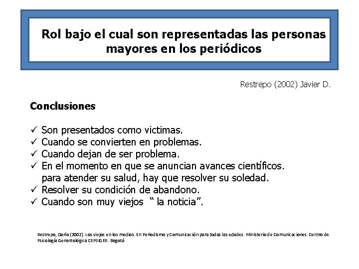 Rol bajo el cual son representadas las personas mayores en los periódicos Restrepo (2002)