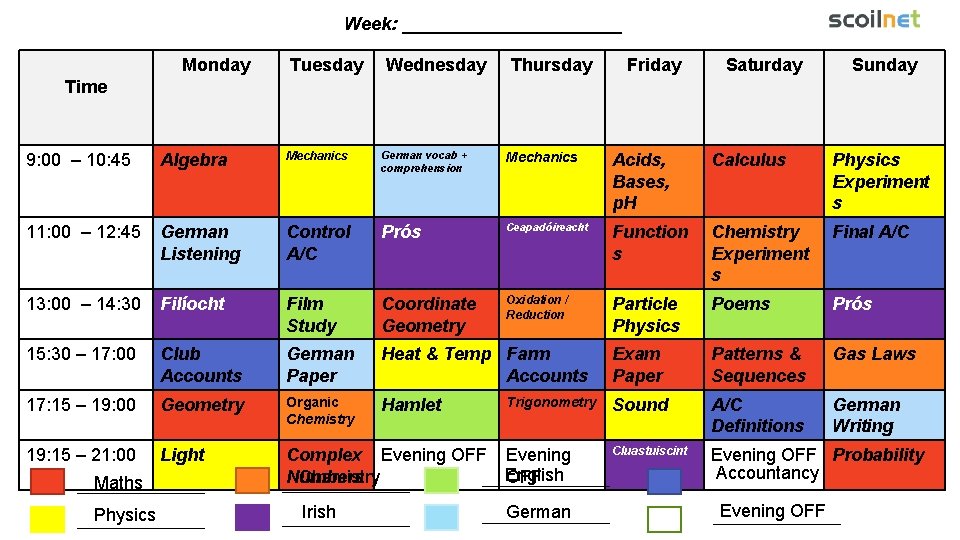 Week: ___________ Monday Tuesday Wednesday Thursday Friday Saturday Sunday Time 9: 00 – 10: