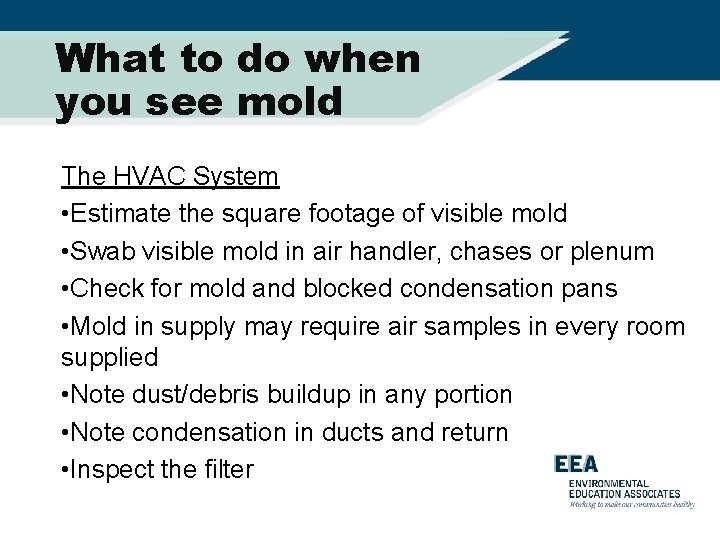 What to do when you see mold The HVAC System • Estimate the square