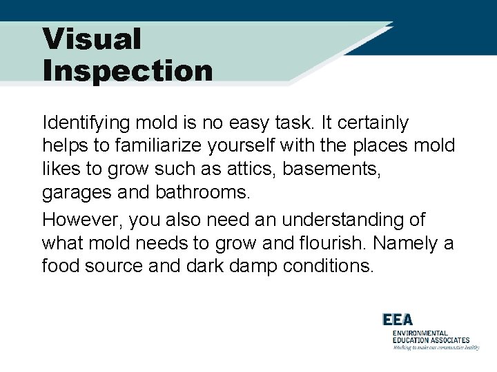 Visual Inspection Identifying mold is no easy task. It certainly helps to familiarize yourself