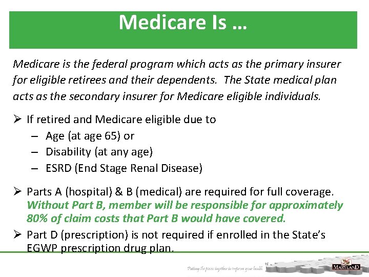 Medicare Is … Medicare is the federal program which acts as the primary insurer