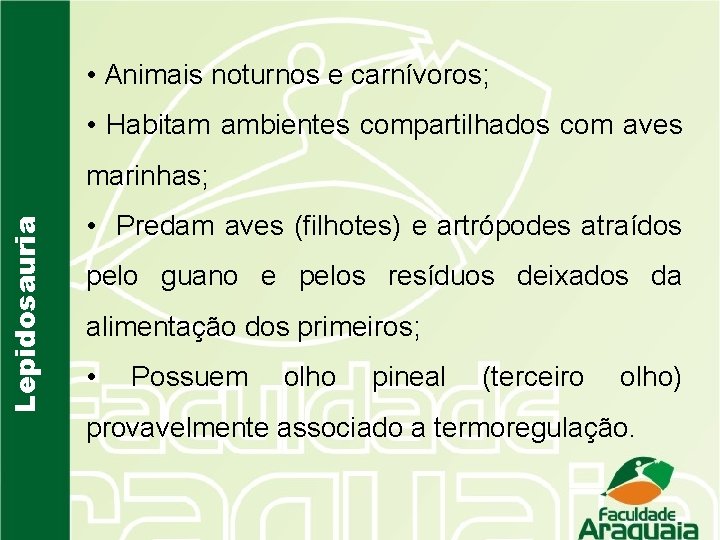  • Animais noturnos e carnívoros; • Habitam ambientes compartilhados com aves Lepidosauria marinhas;